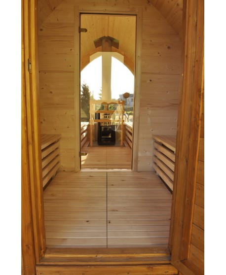 Outdoor sauna with panoramic window
