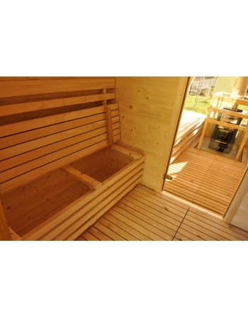 Outdoor sauna with panoramic window